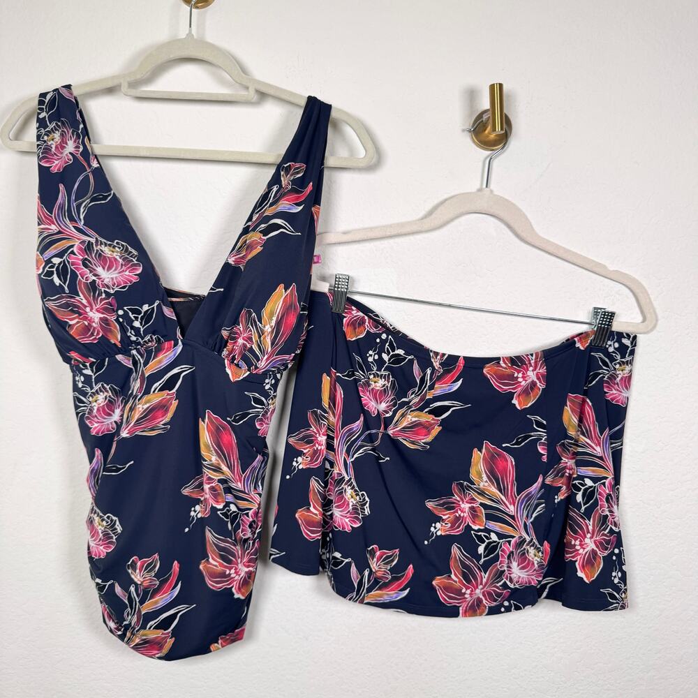 Garnet Hill Womens 2 Piece Swim Suit Set Size 16 Floral Tank Skirt Stretch Blue